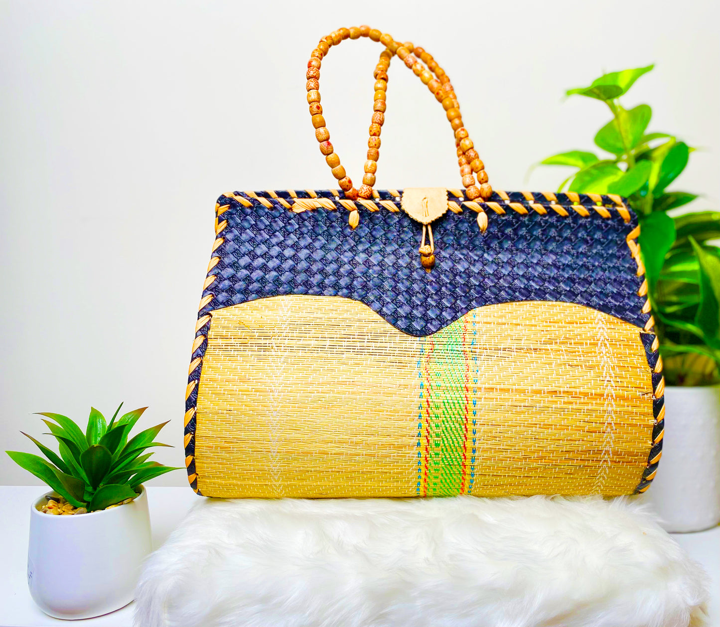 Brown And Black Woven Basket Bag