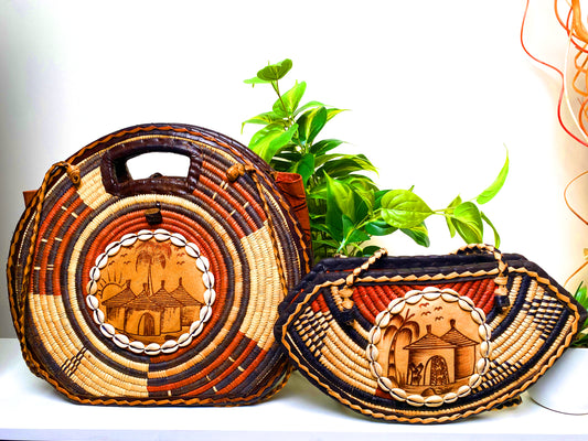 Brown And Red Leather Woven Basket Bag Bundle