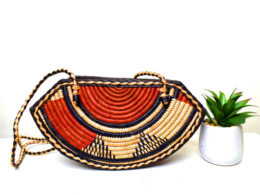 Brown And Red Leather Woven Basket Bag